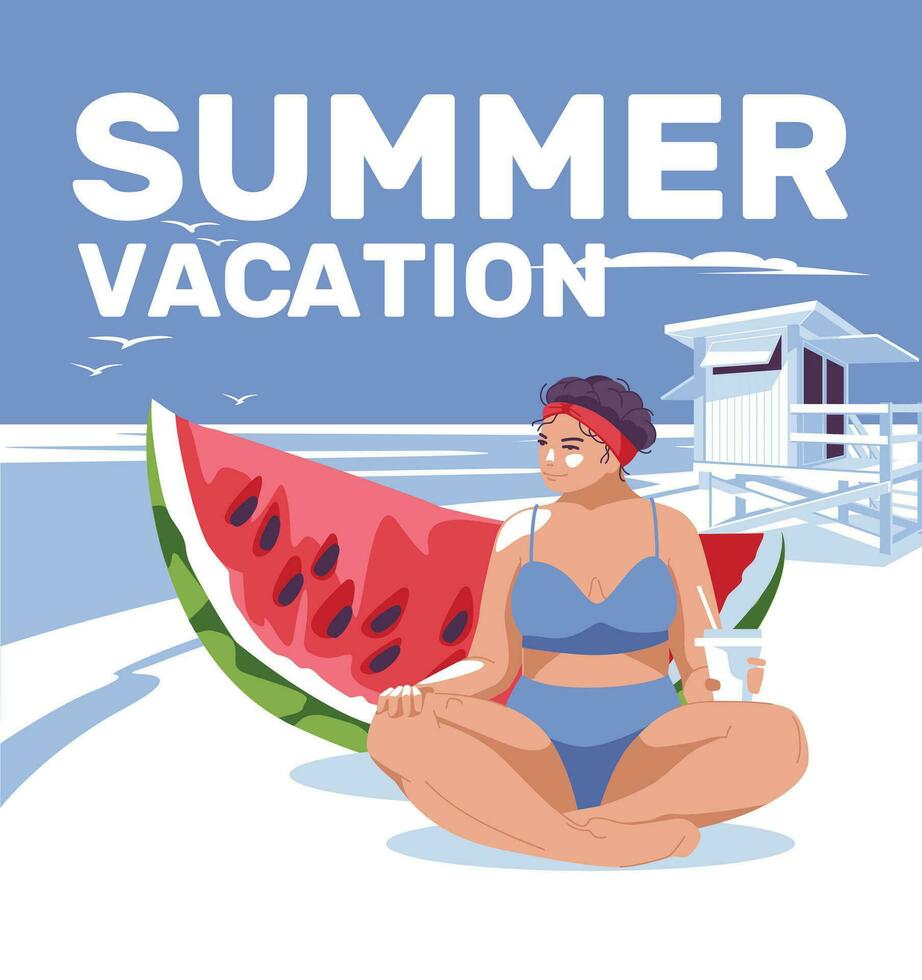 en stor kvinna sitter på de havsstrand nära en stor vattenmelon. rädda stuga i de bakgrund. semester begrepp. vektor platt illustration