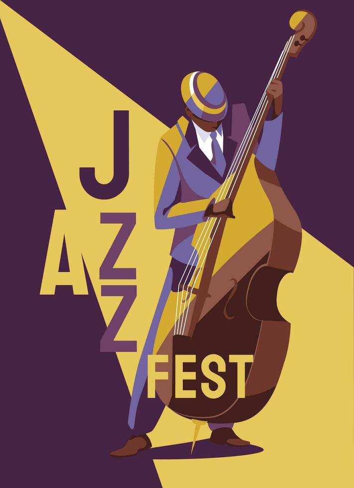 Jazz Festival oder Flyer oder Poster Party Design Vorlage mit Musiker mit doppelt Bass, auf lila Hintergrund. eben Vektor Illustration