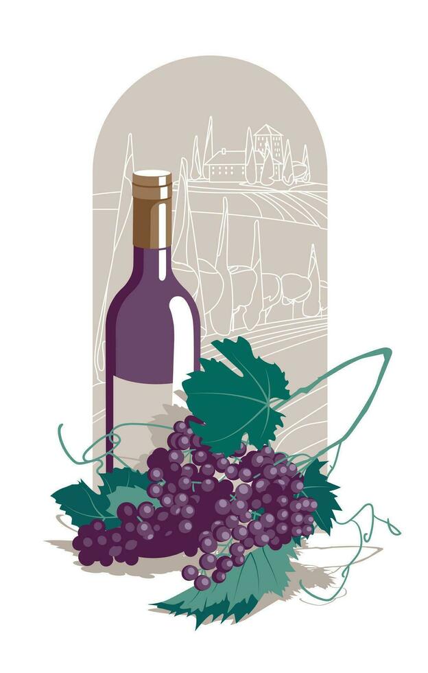 retro Poster mit ein Flasche von rot Wein und ein Bündel von Trauben auf das Hintergrund von ein Weingut Landschaft. eben Vektor Illustration