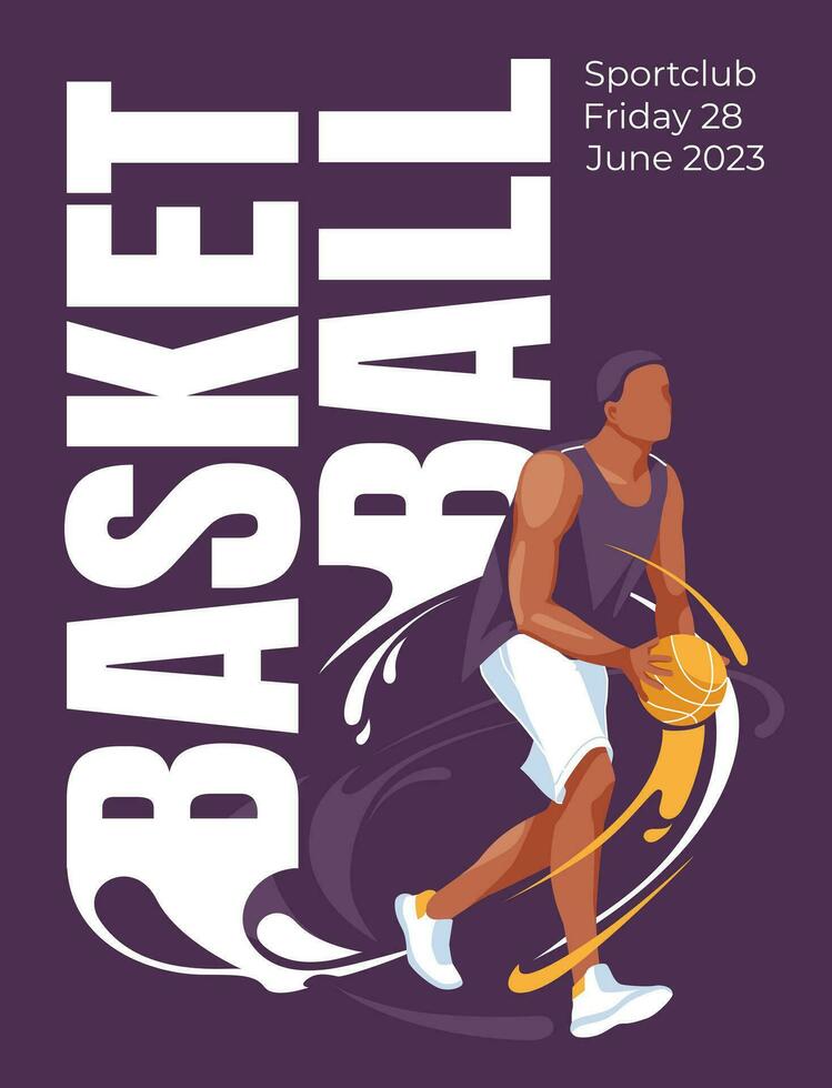Basketball Spiel Poster. Athlet auf das Hintergrund von groß Text und Spritzer. lila Flyer Design. Vektor eben Illustration