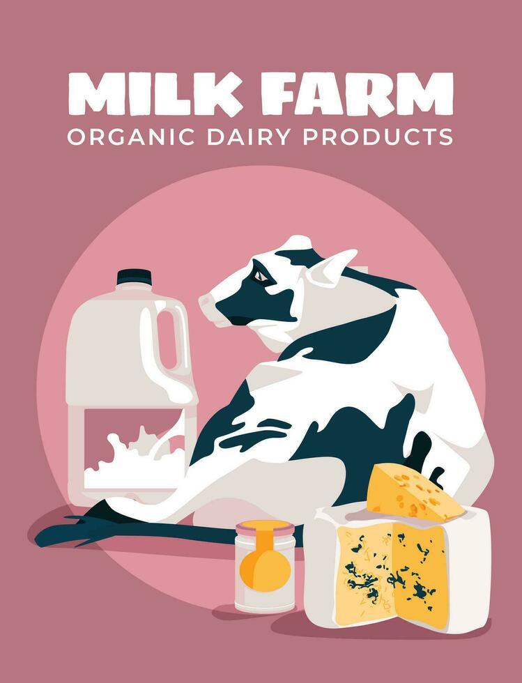 farmblack und Weiß Kuh lügen in der Nähe von Molkerei. Käse, Joghurt, Milch. Werbung Poster von ein Molkerei Bauernhof Vektor eben Illustration