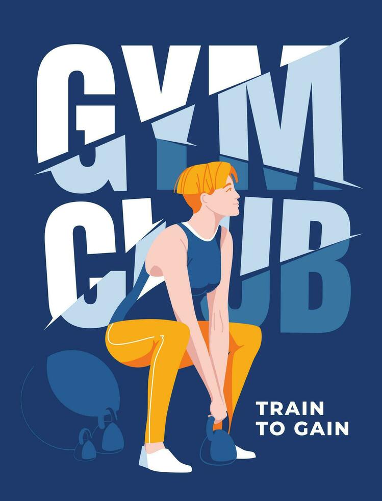 Gym affisch design med kondition kvinna på stor text bakgrund. reklam flygblad, vykort. vektor platt illustration