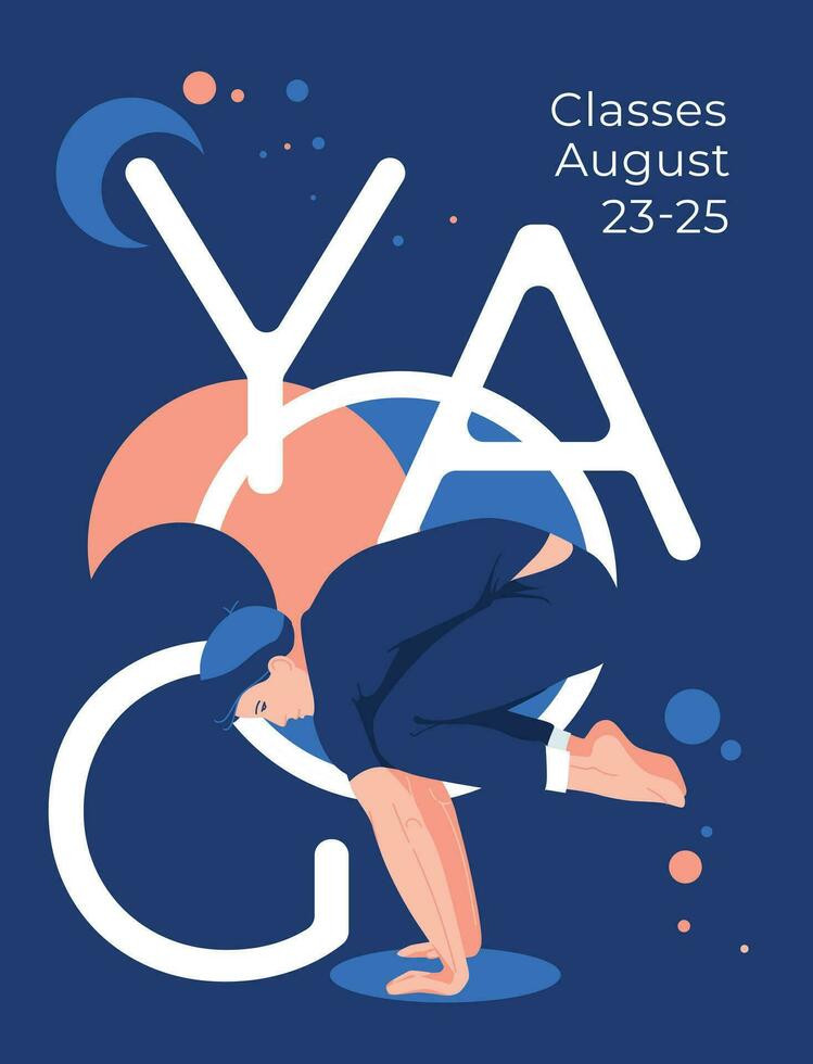 Yoga abstrakt Poster mit Mensch Asanas. runden Kugel Hintergrund. Werbung von das Fitnessstudio und Gesundheit Center. Flyer, Karte. Vektor eben Illustration