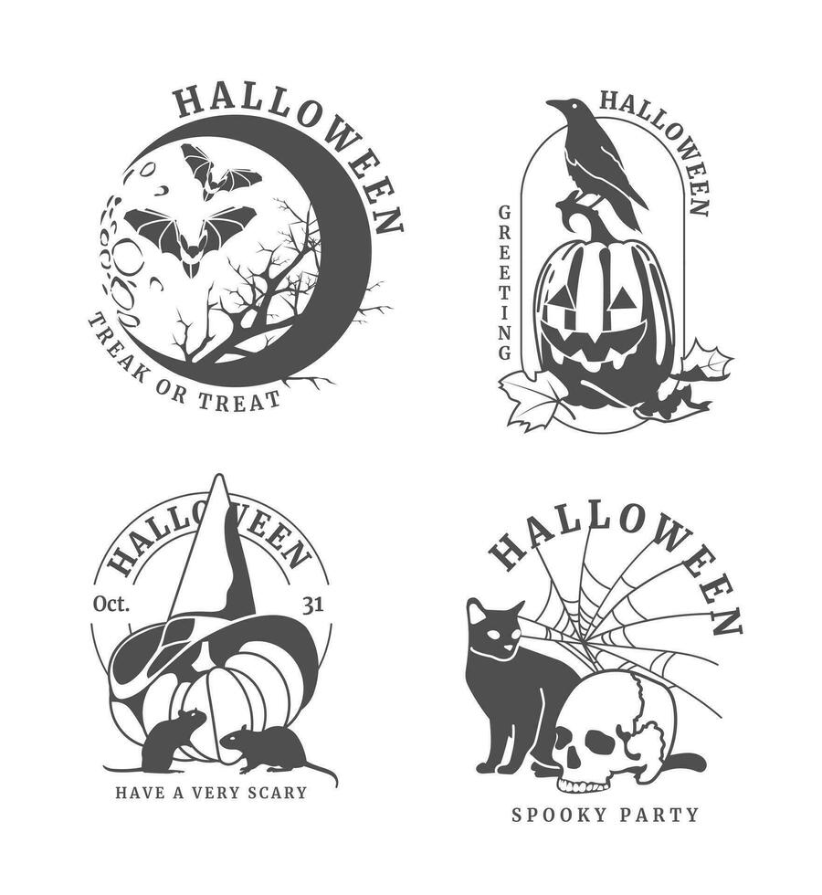 Halloween Linie Embleme. Kürbisse, schwarz Katze, Schädel, Fledermäuse, Krähen, Ratten. Typografie. Vektor eben Illustration