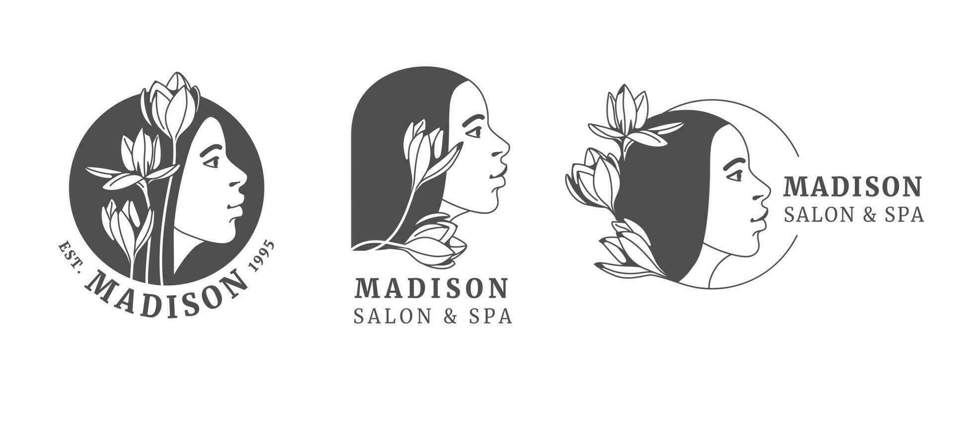 ein einstellen von Logos mit ein Frau Gesicht und Blumen- und dekorativ Elemente. minimal linear Stil. Kunst Jugendstil Stil. Vektor Emblem und Symbol zum Schönheit Salon, Spa, Mode speichern, kosmetisch Marke.