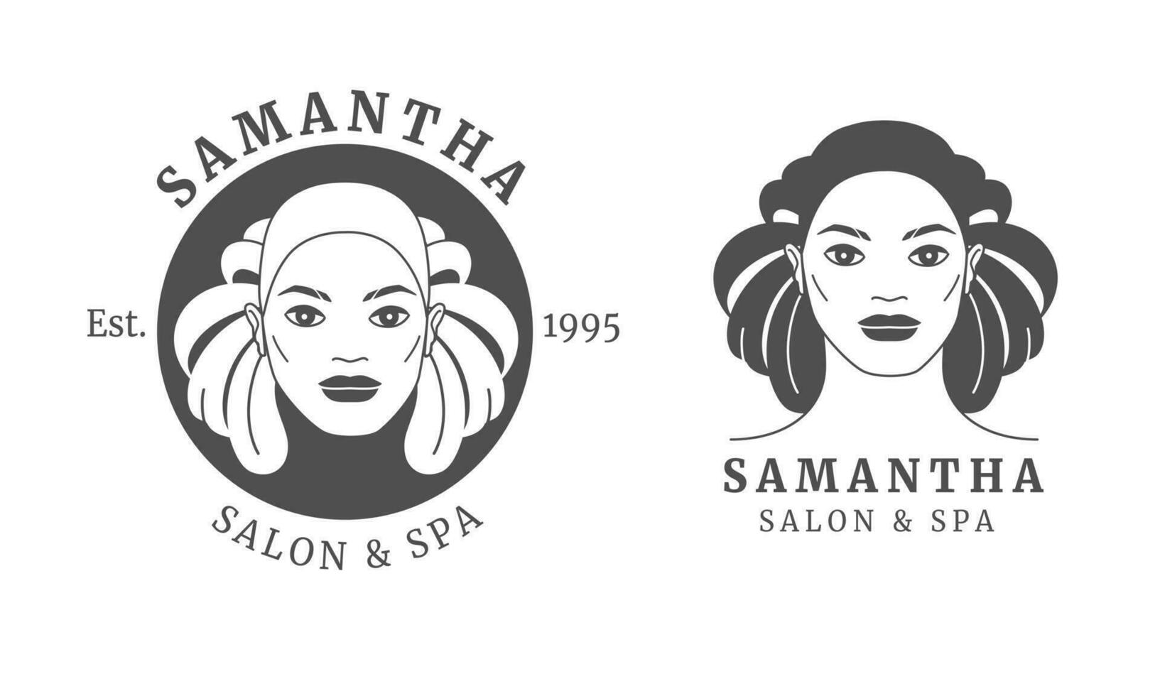 ein einstellen von Logos mit ein Frau Gesicht und Blumen- und dekorativ Elemente. minimal linear Stil. Kunst Jugendstil Stil. Vektor Emblem und Symbol zum Schönheit Salon, Spa, Mode speichern, kosmetisch Marke.