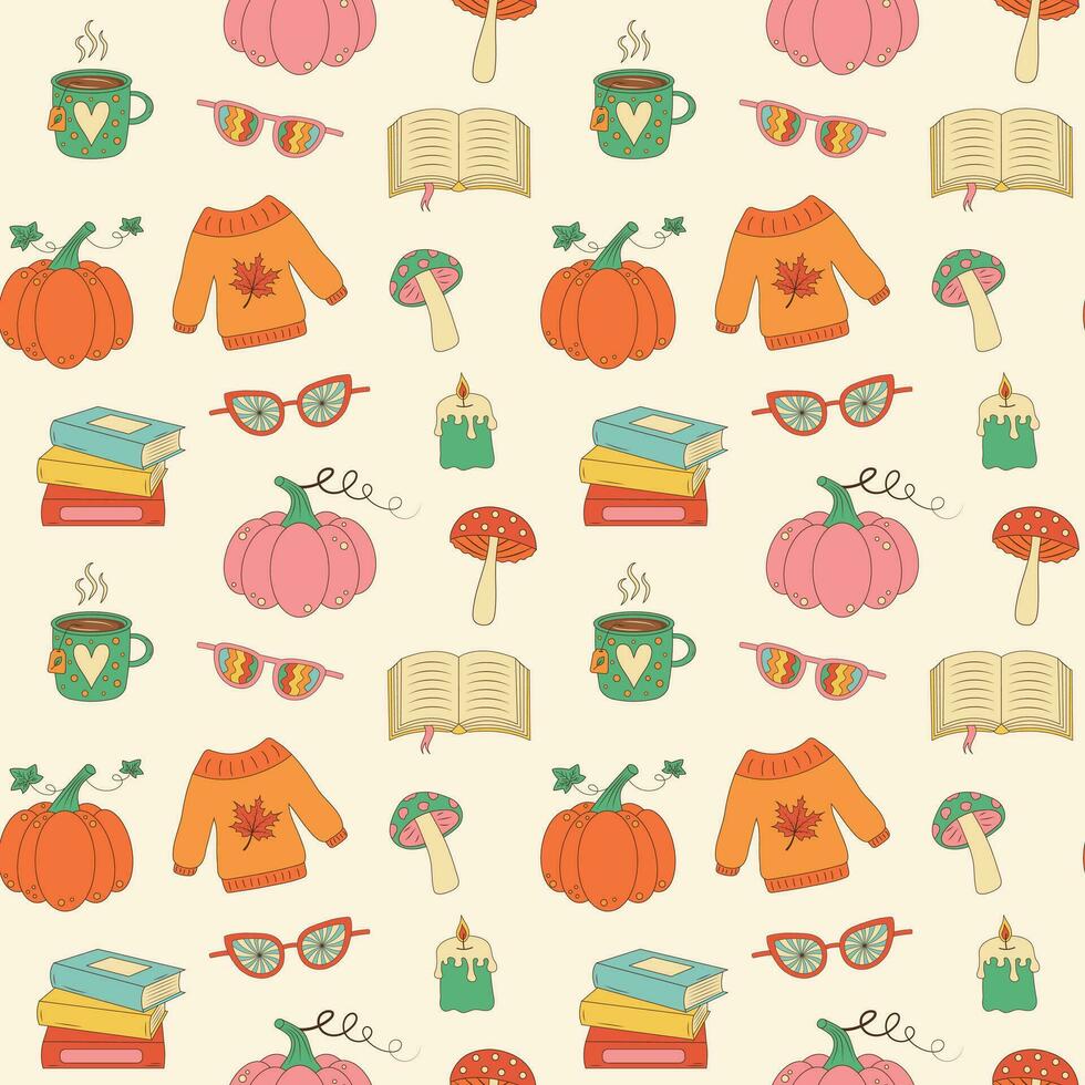Herbst retro groovig nahtlos Muster. Hippie Pilze, Kürbis, Bücher, Tee Becher, Pullover, Sonnenbrille und Kerze auf Pastell- Hintergrund vektor