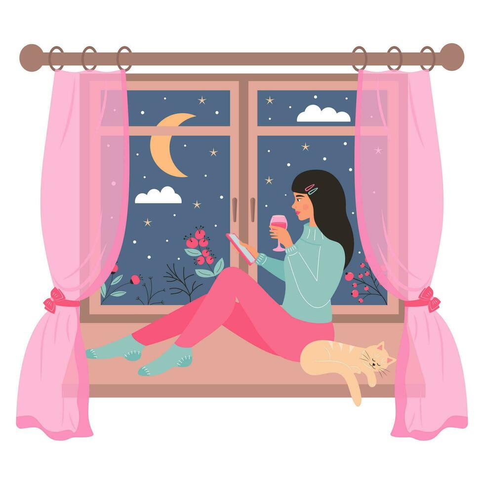 jung Frau Sitzung auf das Fenster mit ein Glas von Wein und mit Smartphone. süß Katze Schlafen in der Nähe von ihr. schneebedeckt Nacht Wetter draußen das Fenster. vektor
