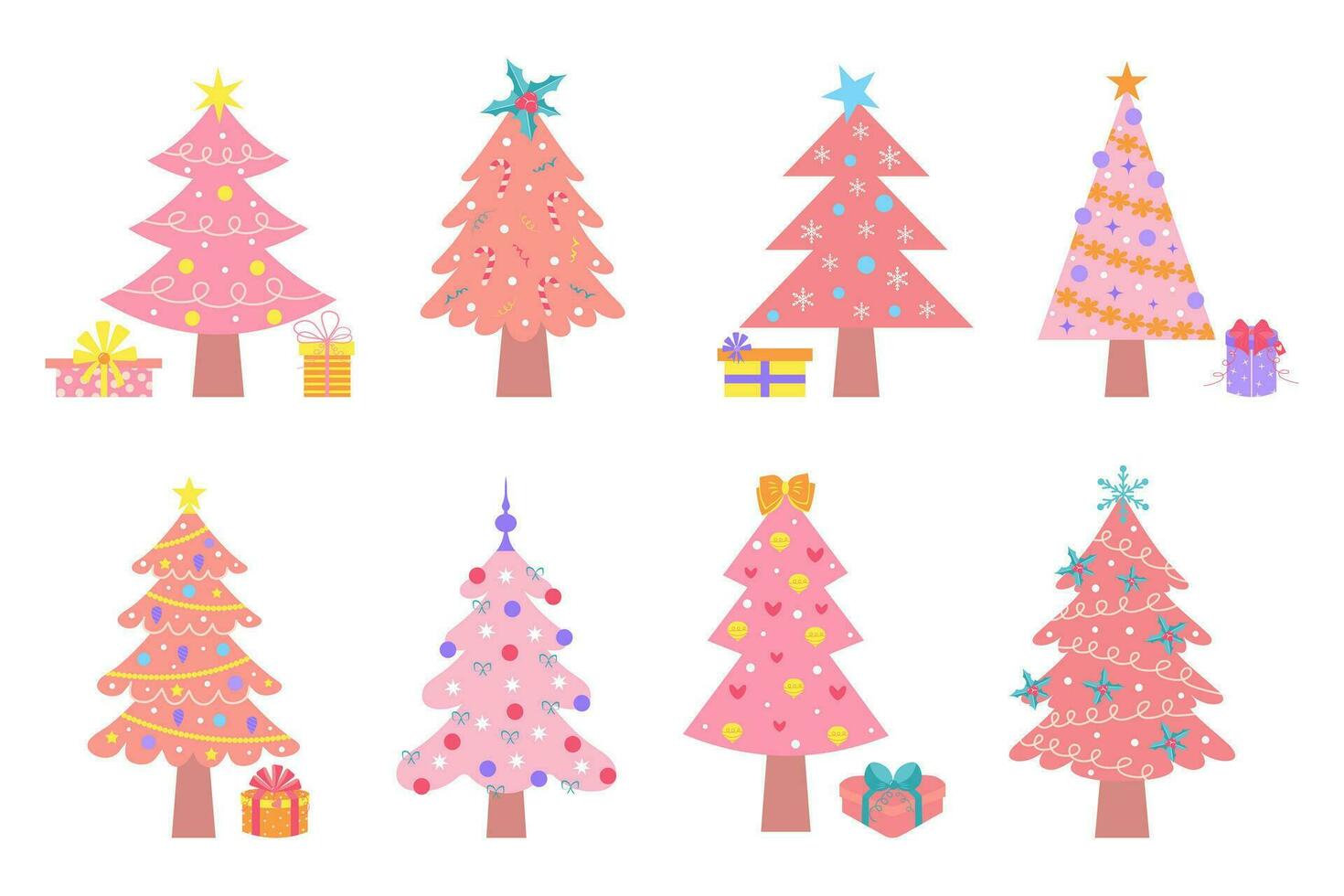 rosa jul träd uppsättning. söt pastell dekorerad jul träd med presenterar. vinter- högtider glamour dekorativ samling. vektor