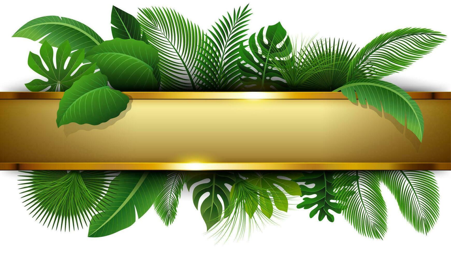 golden Banner mit Text Raum von tropisch Blätter. geeignet zum Natur Konzept, Urlaub, und Sommer- Urlaub, Vektor Illustration
