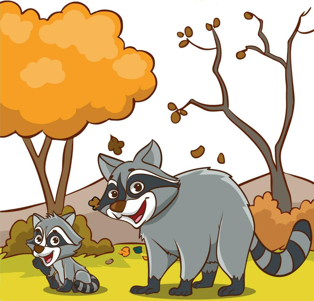 Waschbär Familie im das Wald. Vektor Illustration.