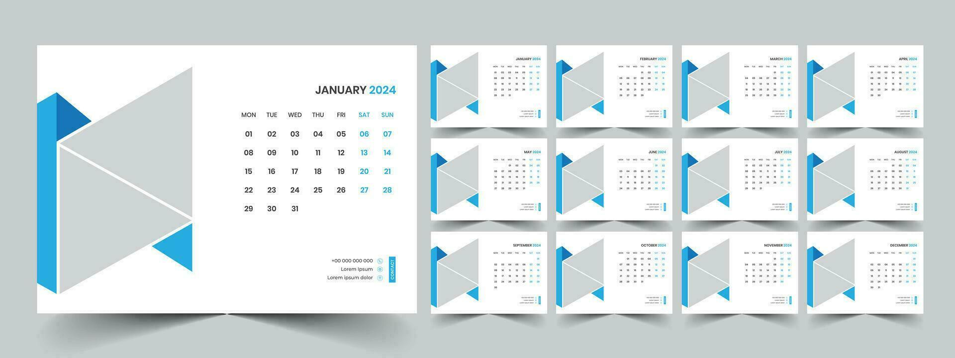 Kalender 2024 Planer korporativ Vorlage Design Satz. Woche beginnt auf Montag. Vorlage zum jährlich Kalender 2024 vektor