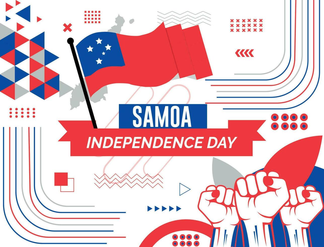 Samoa National Tag Banner mit Karte, Flagge Farben Thema Hintergrund und geometrisch abstrakt retro modern bunt Design mit angehoben Hände oder Fäuste. vektor