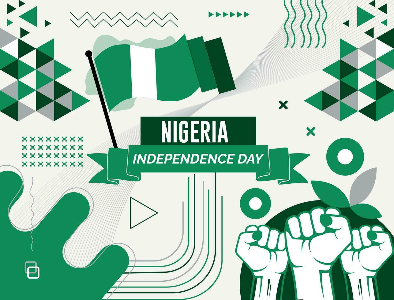 nigeria nationell dag baner med Karta, flagga färger tema bakgrund och geometrisk abstrakt retro modern color design med Uppfostrad händer eller nävar. vektor
