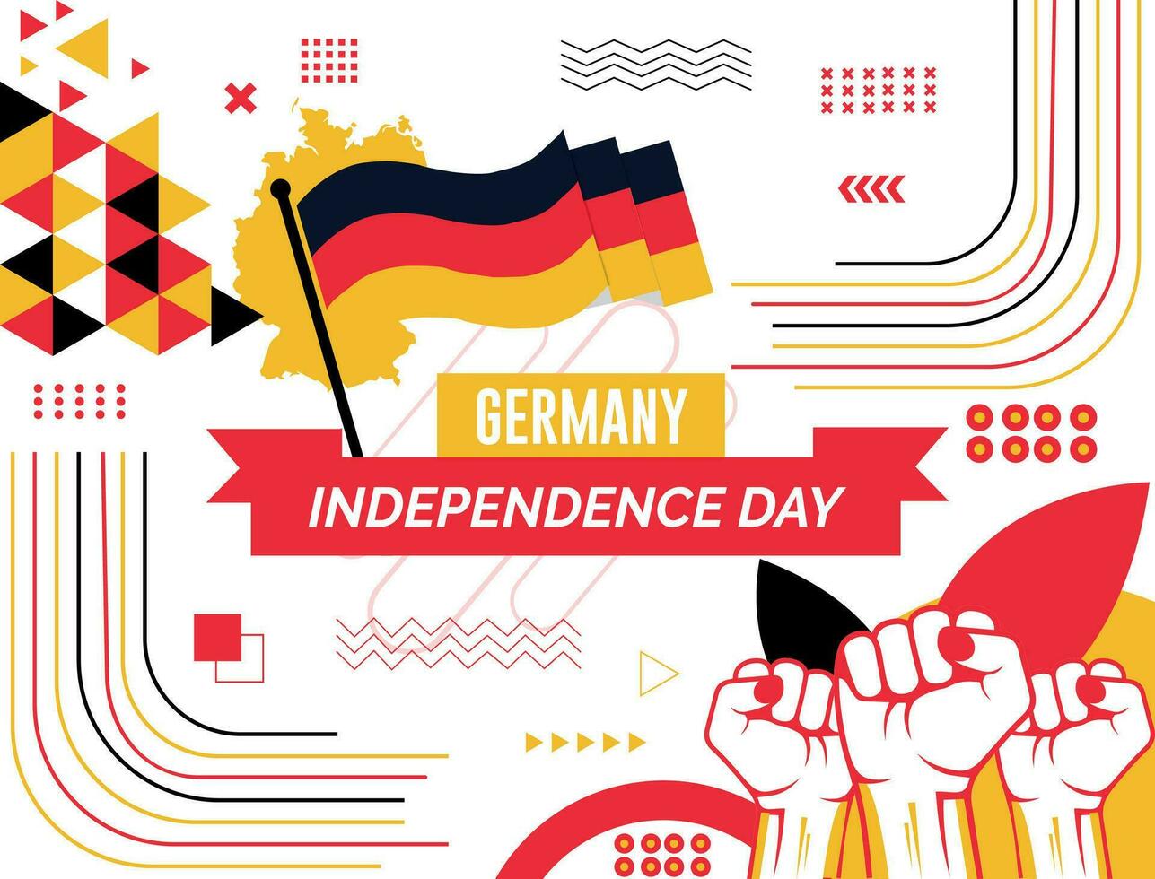 Deutschland National Tag Banner mit Karte, Flagge Farben Thema Hintergrund und geometrisch abstrakt retro modern bunt Design mit angehoben Hände oder Fäuste. vektor