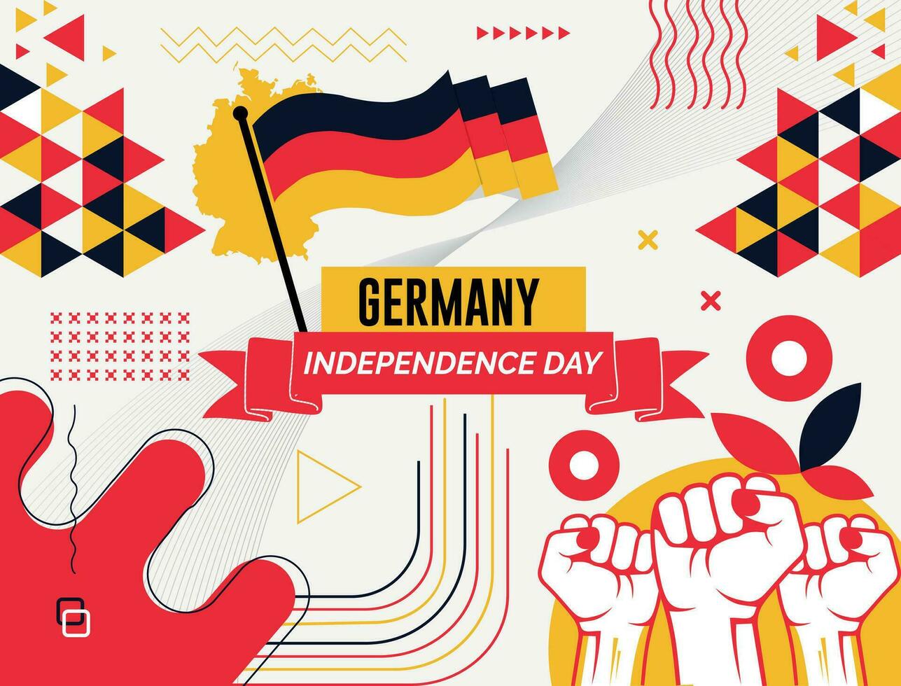 Deutschland National Tag Banner mit Karte, Flagge Farben Thema Hintergrund und geometrisch abstrakt retro modern bunt Design mit angehoben Hände oder Fäuste. vektor