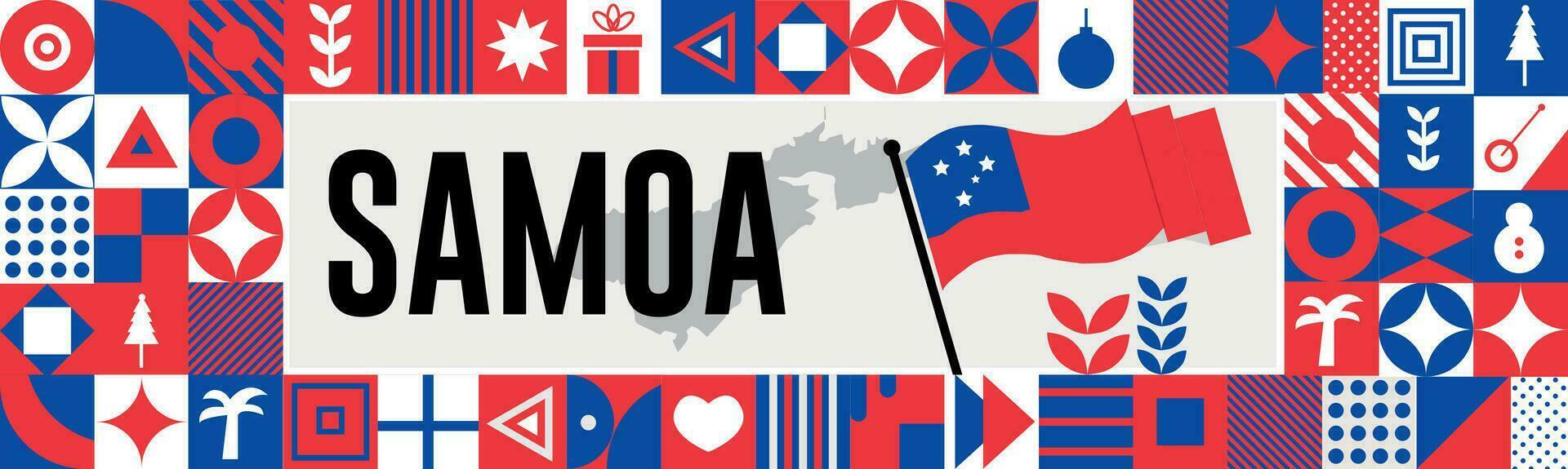 Samoa National Tag Banner mit Karte, Flagge Farben Thema Hintergrund und geometrisch abstrakt retro modern bunt Design mit angehoben Hände oder Fäuste. vektor