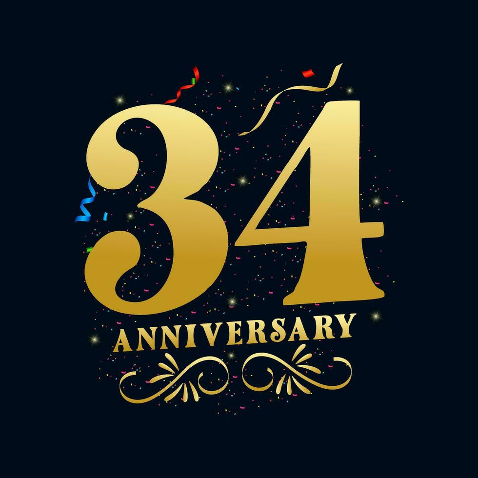 34 årsdag lyxig gyllene Färg 34 år årsdag firande logotyp design mall vektor