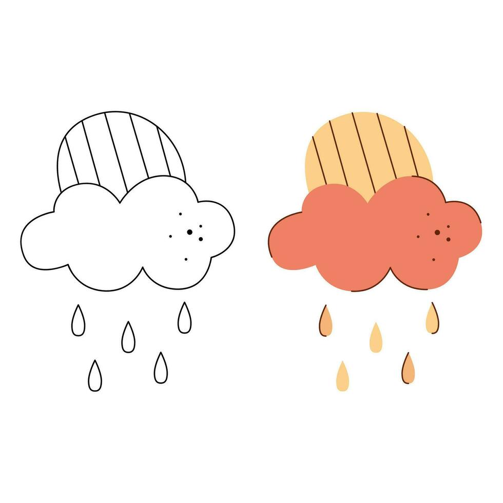 ein klein einstellen mit Wolke, Regen und Sonne. schwarz und Weiß und Farbe Clip Art Vektor Illustration.