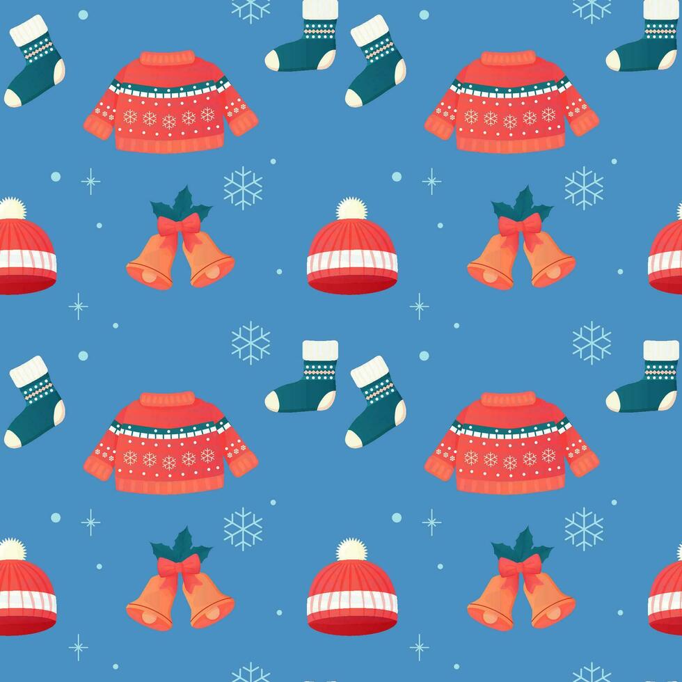 sömlös mönster Kläder hoppare, strumpor, hatt, ny år vinter- och jul vektor