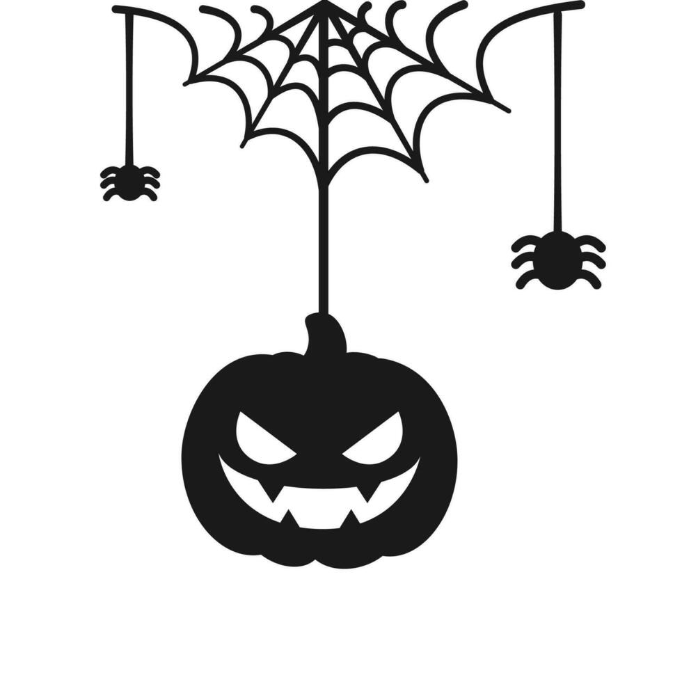 Jack Ö Laterne böse Kürbis hängend auf ein Spinne Netz Silhouette, glücklich Halloween gespenstisch Ornamente Dekoration Vektor Illustration