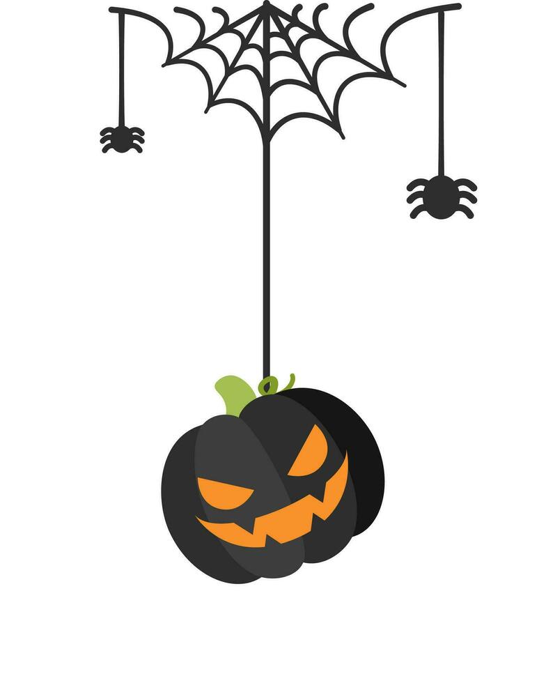 domkraft o lykta ondska pumpa hängande på en Spindel webb, Lycklig halloween läskigt ornament dekoration vektor illustration