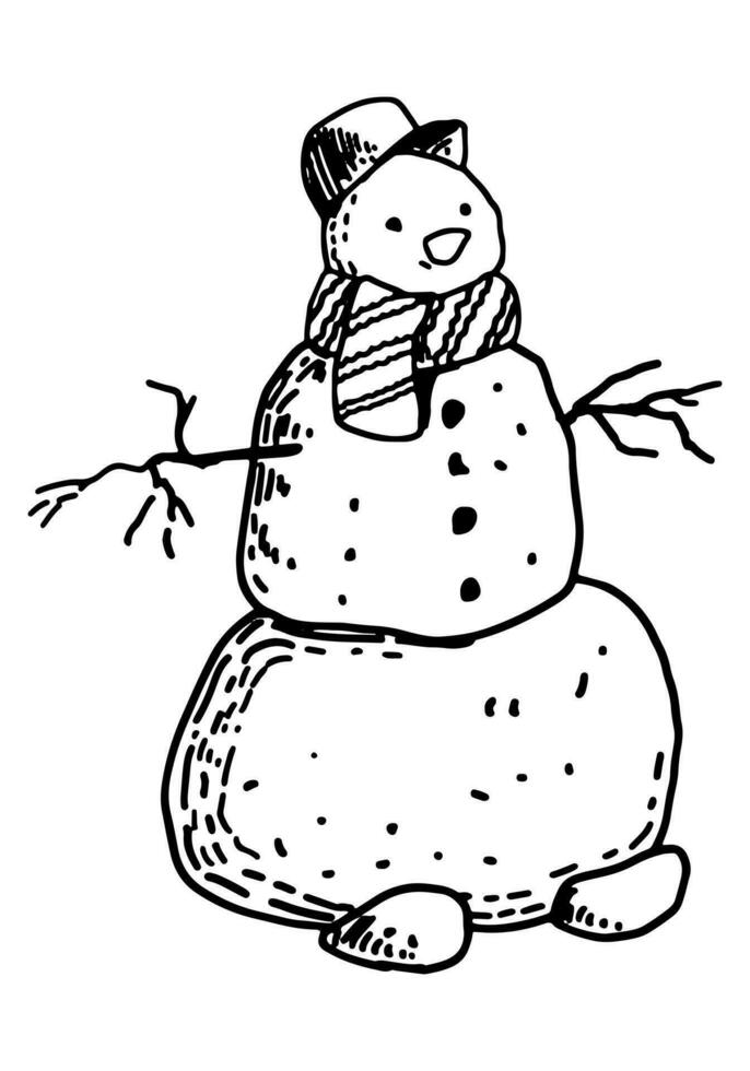 Gekritzel von komisch Schneemann. festlich Winter Weihnachten skizzieren. Hand gezeichnet Vektor Illustration. Single Gliederung Clip Kunst isoliert auf Weiß.