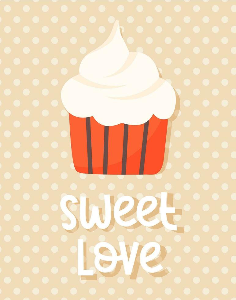 Süss Liebe Vektor Karte mit süß Cupcake auf Pastell- Polka Punkt Hintergrund. perfekt zum Valentinstag Tag, Jubiläum, Hochzeit Gruß Karten, Einladung, Flyer, Plakate und damit auf