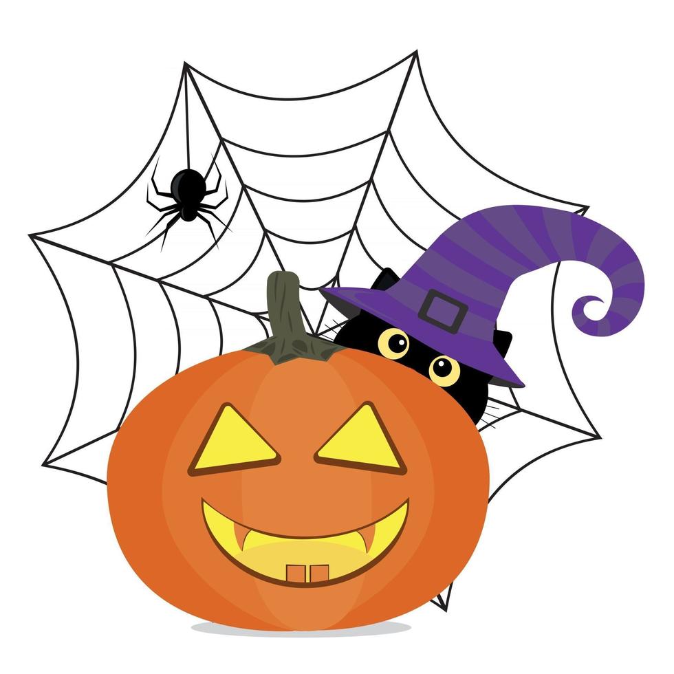 schwarze Katze in einem Hexenhut an Halloween mit einem Kürbis, auf dem Hintergrund eines Spinnennetzes mit einer Spinne vektor