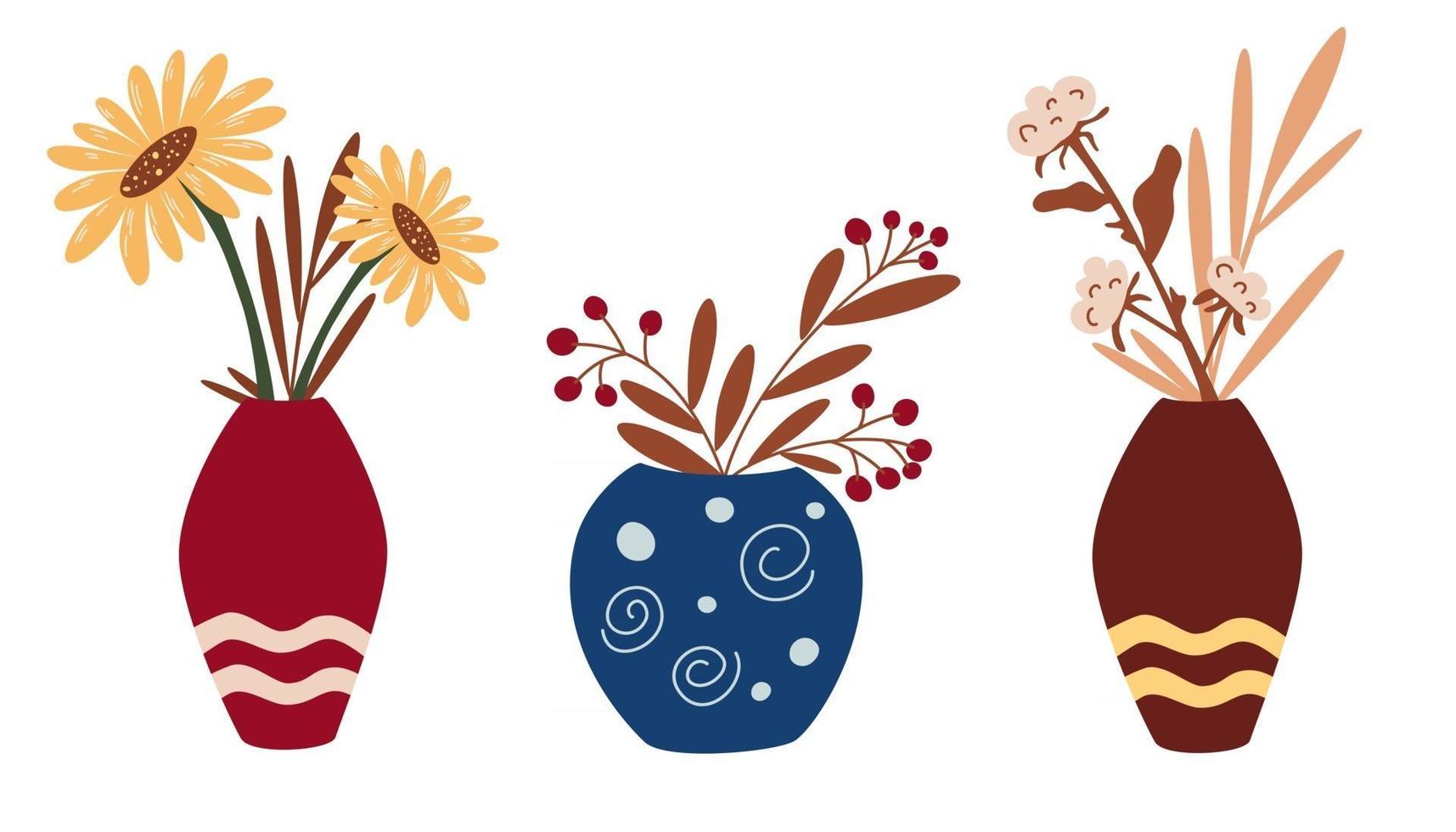 Vasen mit Trockenblumen und Herbstblumen. eine Reihe von Dekorationen für das Interieur im Boho-Stil. Sonnenblumen, Baumwolle, Trockenblumen. trendige Wohnkultur. stilvolles Designkonzept. Vektor-Illustration vektor