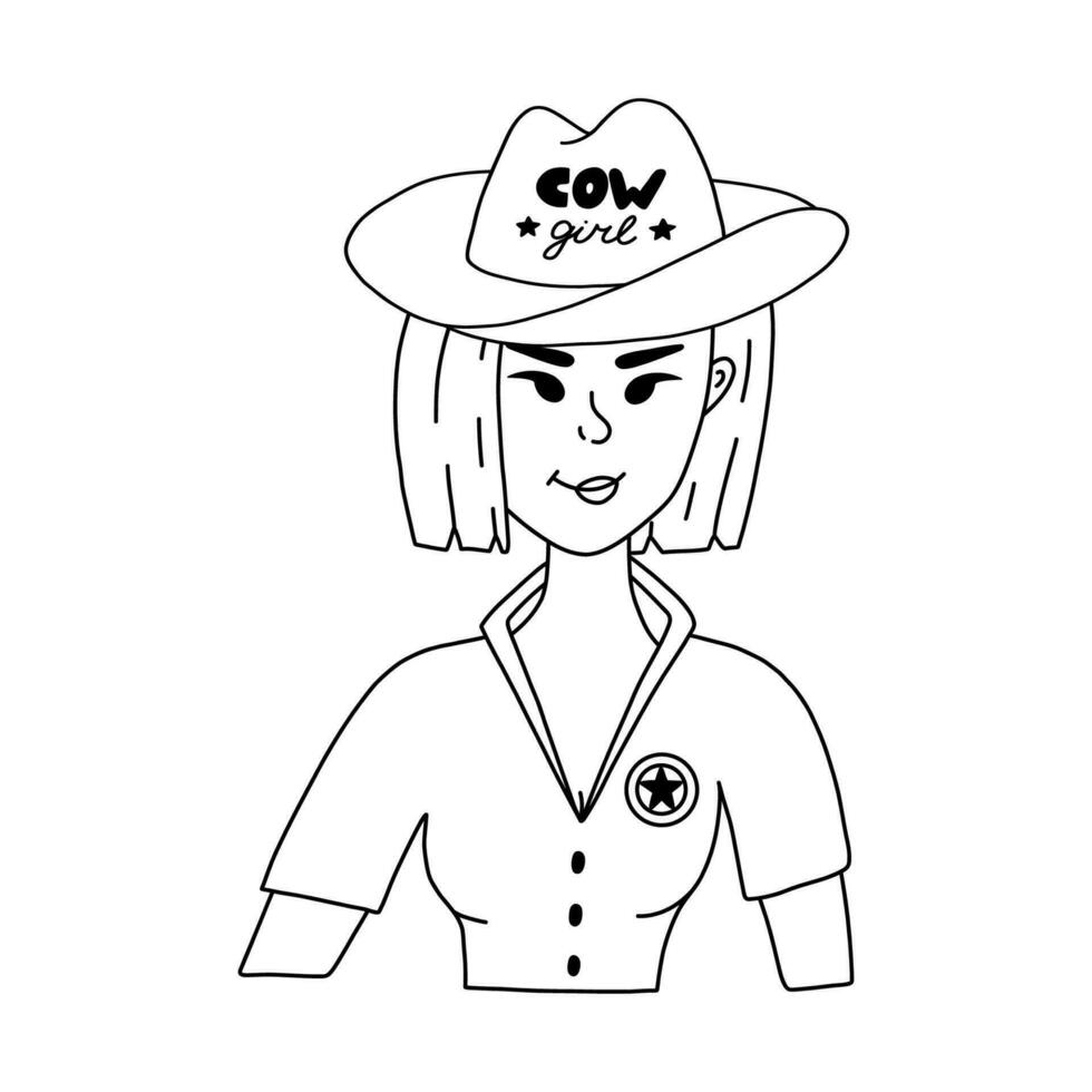 hand dragen eleganta ung cowgirl bär hatt med text, sheriff bricka. söt klotter porträtt av ko flicka av vild väst tema. vektor Västra kvinna karaktär för skriva ut, affisch, cowboy fest