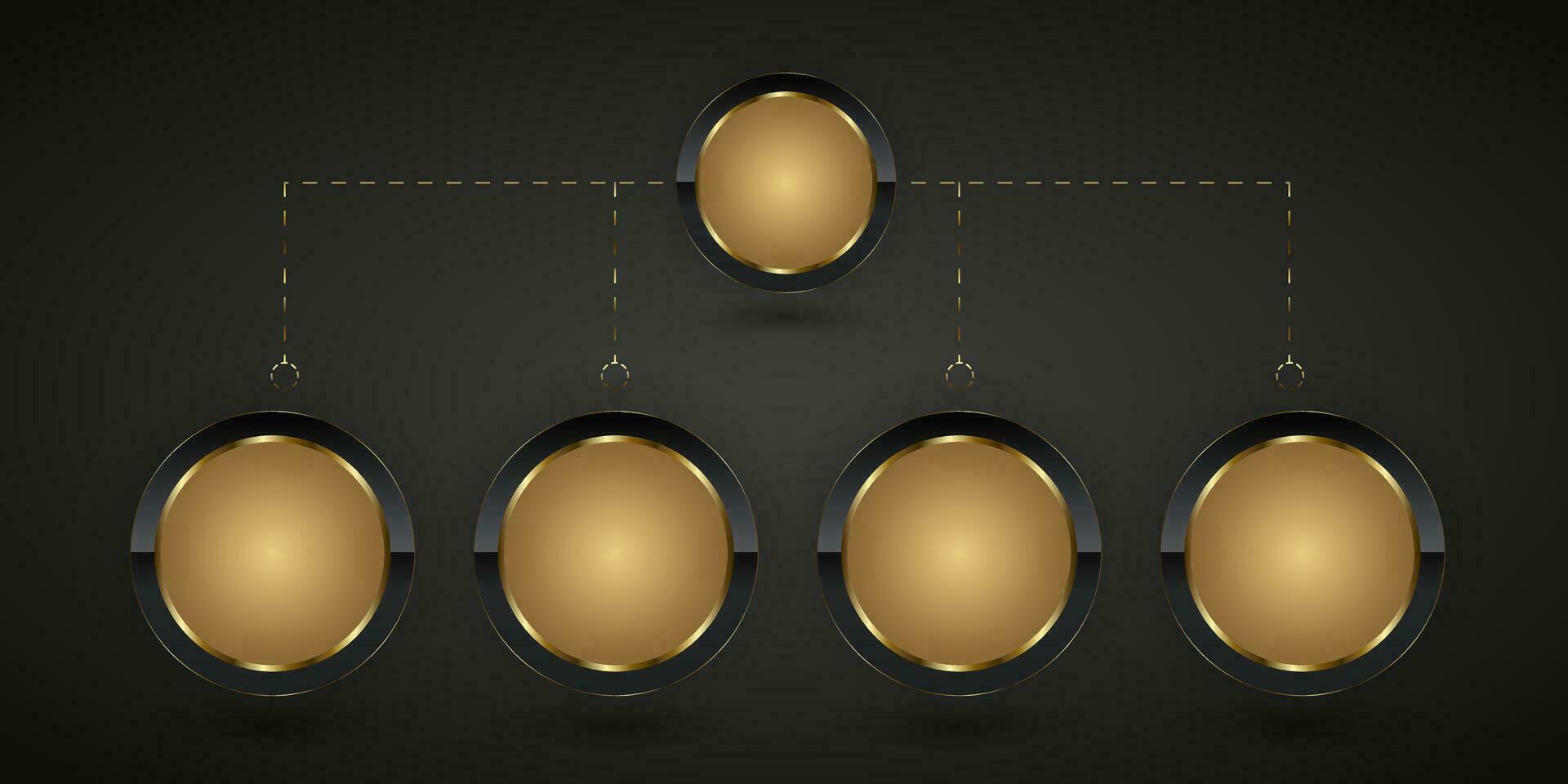 Diagramm von Kreis Rinde Tasten im Gruppe von fünf dunkel und glod Stahl Elemente, fünf Luxus realistisch glänzend Metall Tasten. und acht golden Kreis Tasten vektor