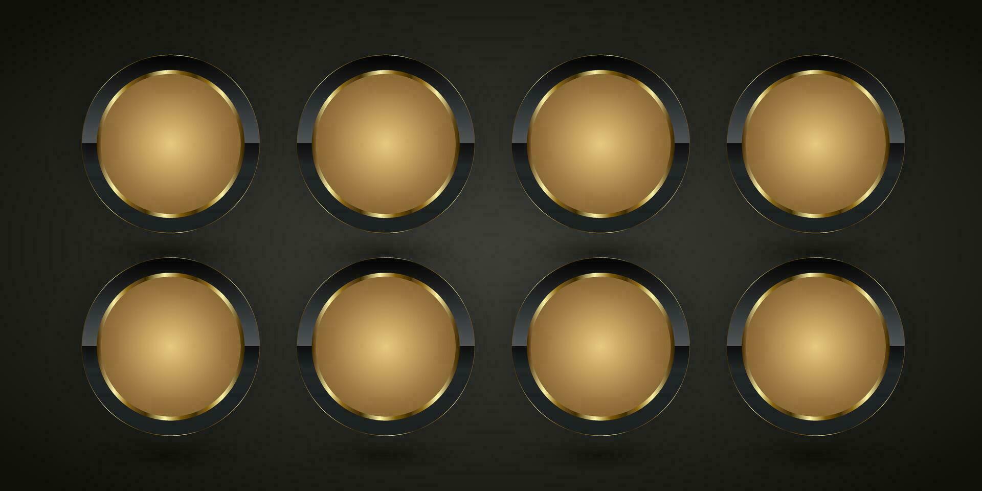 grupp av 8 mörk och glod stål element, lyx realistisk skinande metall knappar. och åtta gyllene cirkel knappar på isolerat svart bakgrund vektor