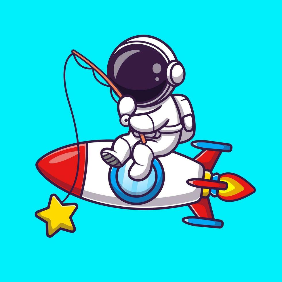 astronaut fiske stjärna på raket tecknad serie vektor ikon illustration. vetenskap teknologi ikon begrepp isolerat premie vektor. platt tecknad serie stil