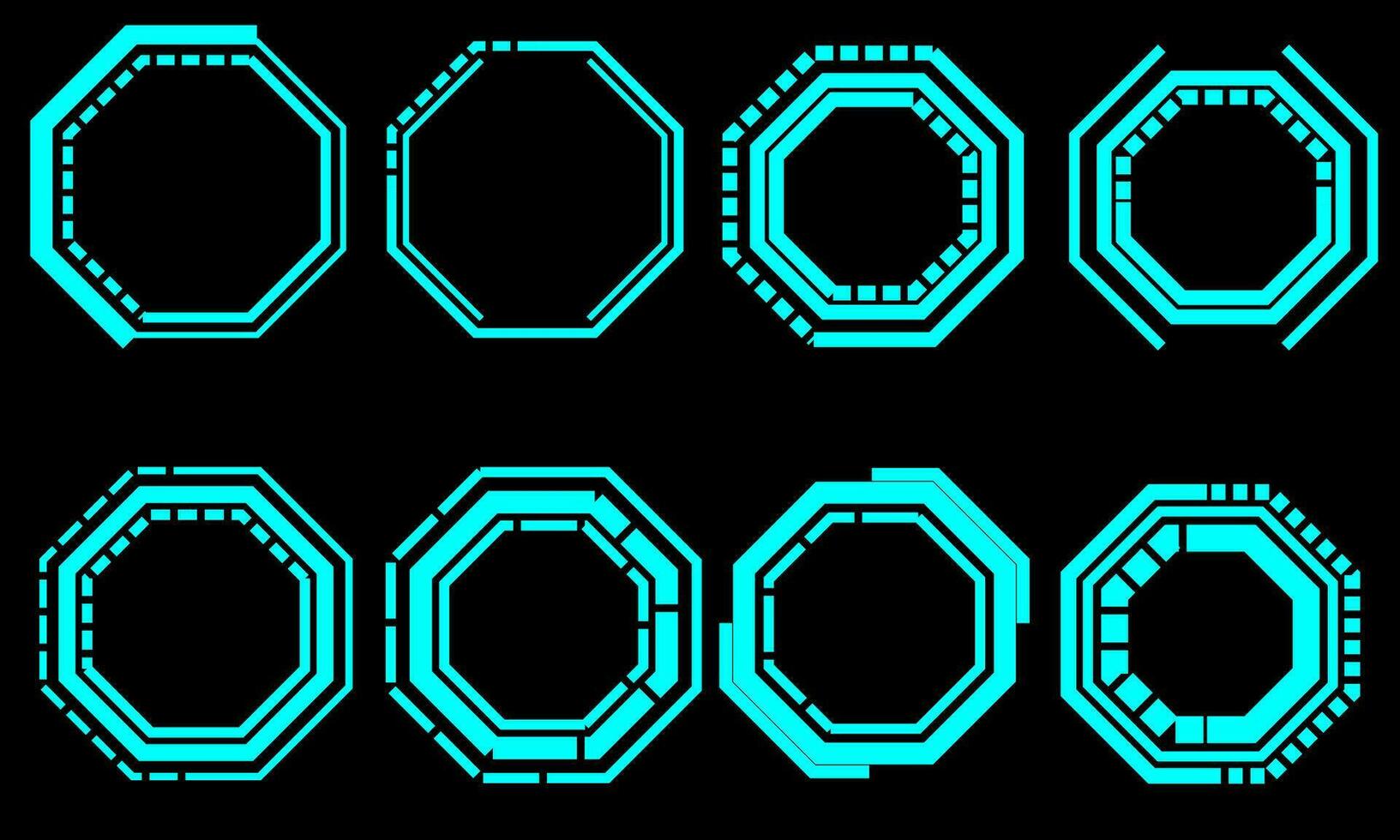 uppsättning av hud oktogon modern användare gränssnitt element design teknologi cyber blå på svart trogen vektor