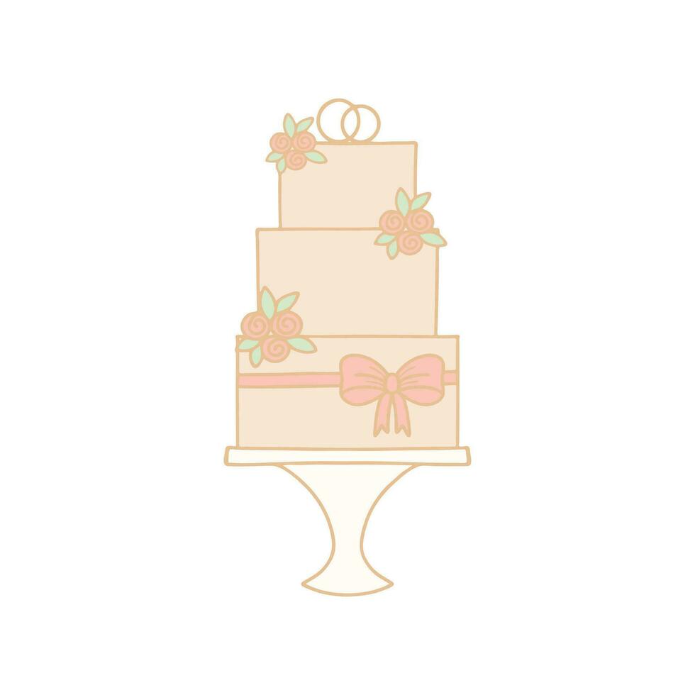 drei Tier Hochzeit Kuchen mit Ringe, Rosen und Bogen. Illustration zum Hochzeit Einladung oder Bekanntmachung. Gekritzel Stil Illustration vektor