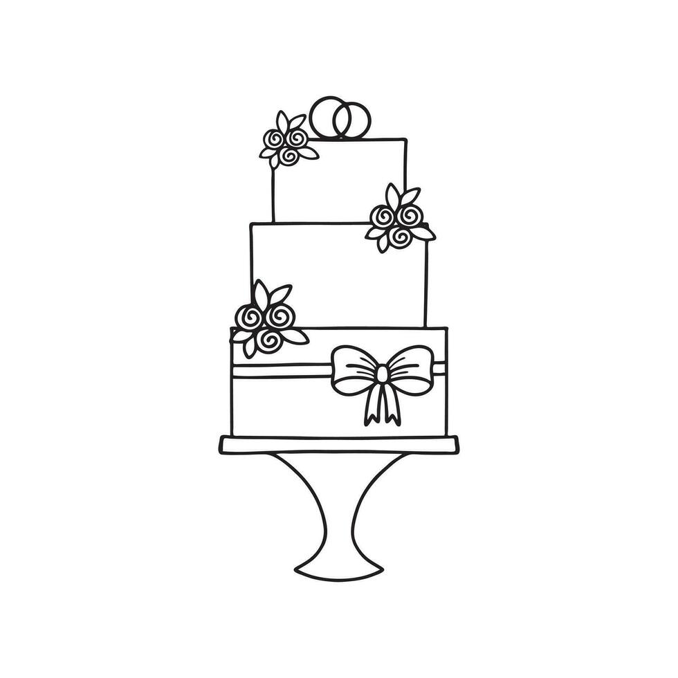 drei Tier Hochzeit Kuchen mit Ringe, Rosen und Bogen. Illustration zum Hochzeit Einladung oder Bekanntmachung. Gekritzel Stil Illustration vektor