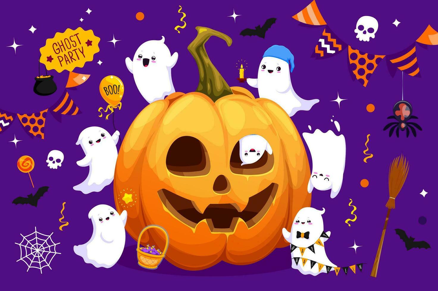 halloween tecknad serie rolig söt spöken och pumpa vektor