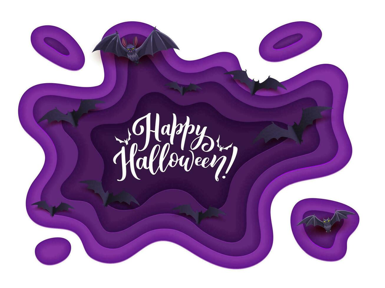 Halloween Urlaub Papier Schnitt Poster, fliegend Fledermäuse vektor