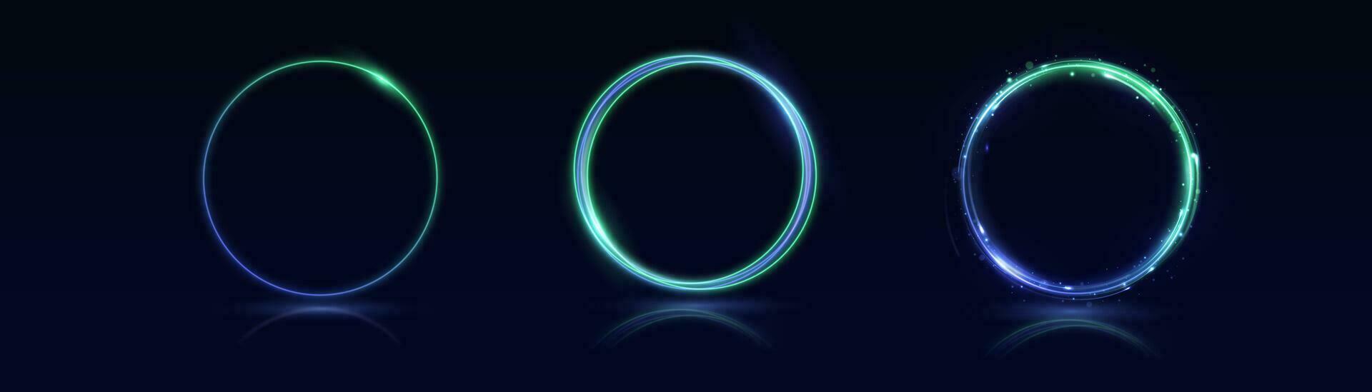 Neon- Strudel. Kurve Blau Linie Licht Wirkung. abstrakt Ring Hintergrund mit glühend wirbelnd Hintergrund. Energie fließen Tunnel. Blau Portal, Plattform. Magie Kreis Vektor. leuchtend Spiral. runden Rahmen vektor