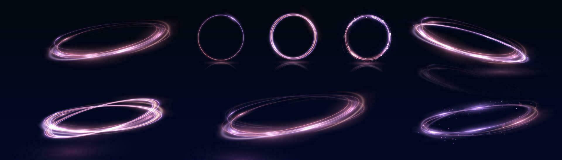 Neon- Strudel. Kurve Blau Linie Licht Wirkung. abstrakt Ring Hintergrund mit glühend wirbelnd Hintergrund. Energie fließen Tunnel. Blau Portal, Plattform. Magie Kreis Vektor. leuchtend Spiral. runden Rahmen vektor