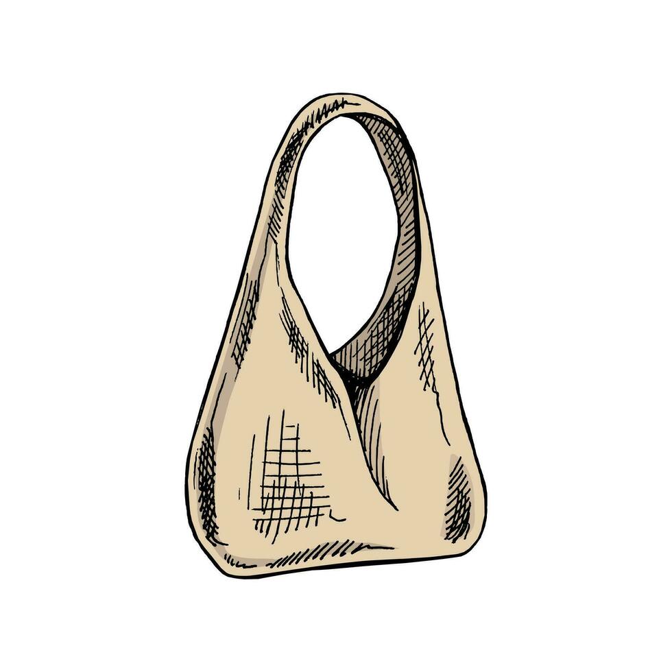 handgemalt Öko Tasche skizzieren. ökologisch Konzept, Natur Schutz, Textil- Leinen- Tasche. farbig Gekritzel Zeichnung. Jahrgang Illustration. vektor