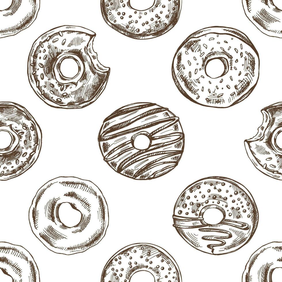 nahtlos Muster von Krapfen. Hand gezeichnet Krapfen skizzieren. Jahrgang Illustration. Gebäck Süßigkeiten, Nachtisch. Element zum das Design von Etiketten, Verpackung und Postkarten. vektor