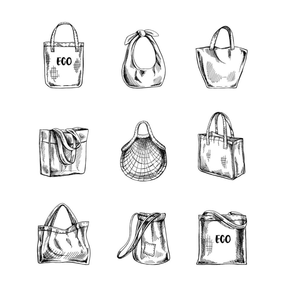 ein handgemalt einstellen von Skizzen von Öko-Taschen. ökologisch Konzept, Natur Schutz, Textil- Leinen- Tasche. Gekritzel Zeichnung. Jahrgang Illustration. vektor