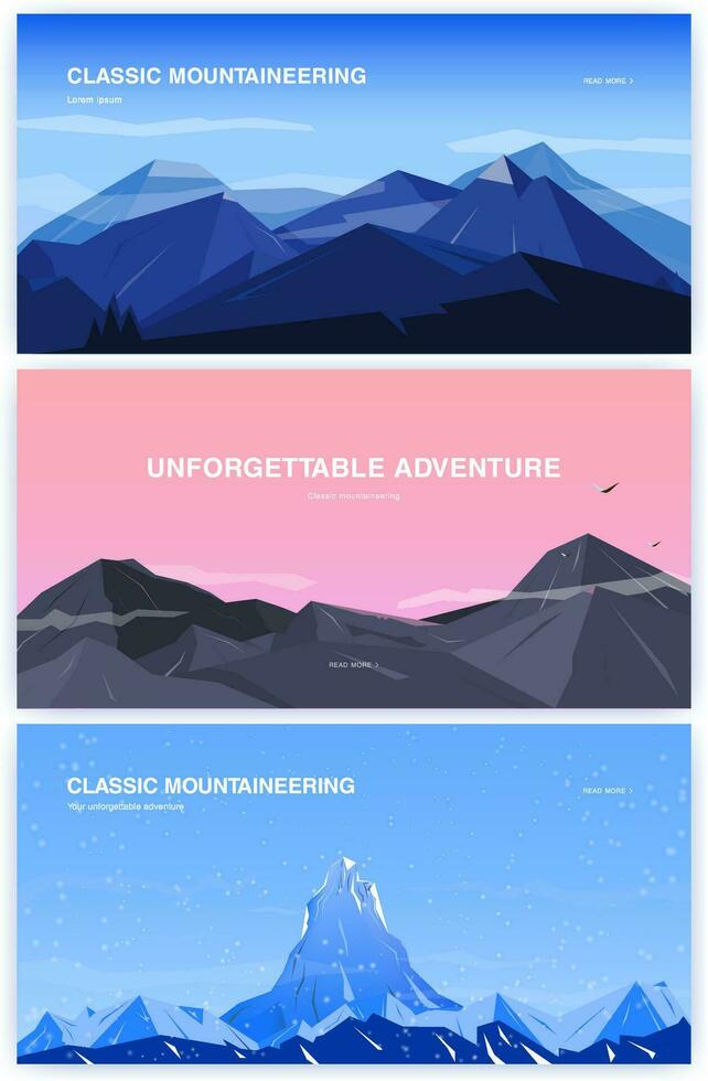 uppsättning av horisontell bakgrund med berg. bergsklättring begrepp med plats för text. baner i tecknad serie, platt stil. färgrik illustration. vektor