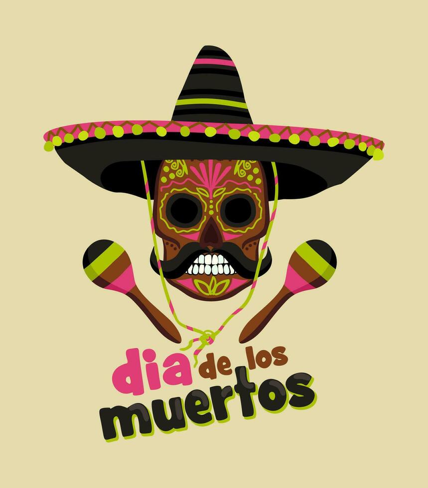 dia de los Muertos. Tag von das tot. November 2. Vektor isoliert Illustration von dekoriert Schädel im Sombrero mit maracas. Konzept von Mexikaner National Urlaub. mit Beschriftung.