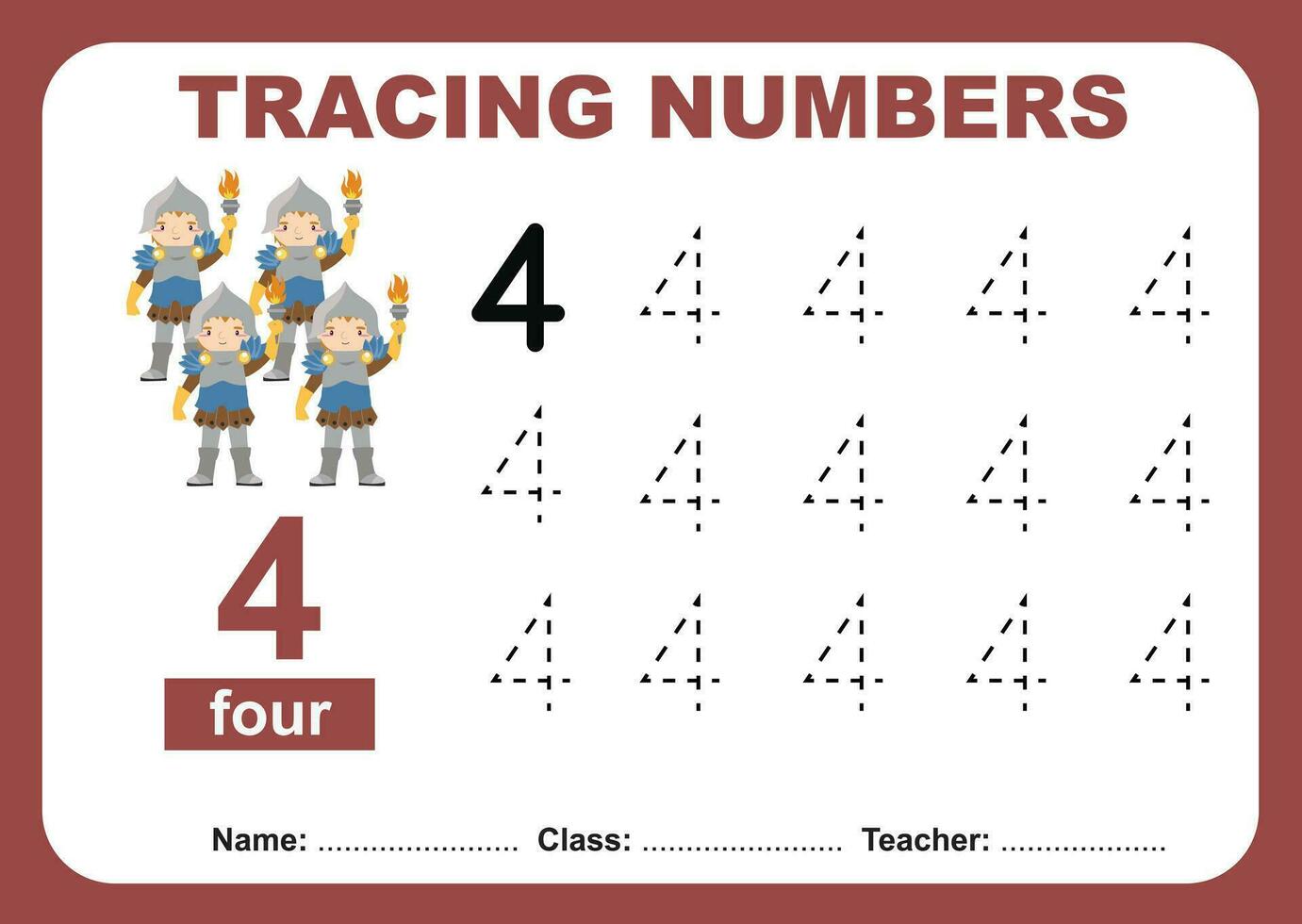 Spur und schreiben Nummer zum Kinder. Übung zum Kinder zu erkenne das Nummer. lehrreich Arbeitsblatt zum preschooll vektor