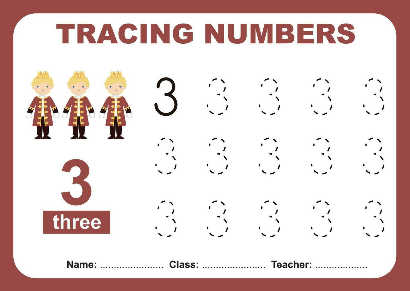 Spur und schreiben Nummer zum Kinder. Übung zum Kinder zu erkenne das Nummer. lehrreich Arbeitsblatt zum preschooll vektor