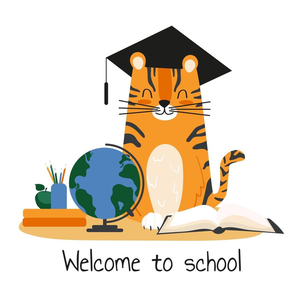 Välkommen till skolans gratulationskort. tecknad söt tigerforskare med jordglob och böcker isolerad vektorillustration för barn vektor