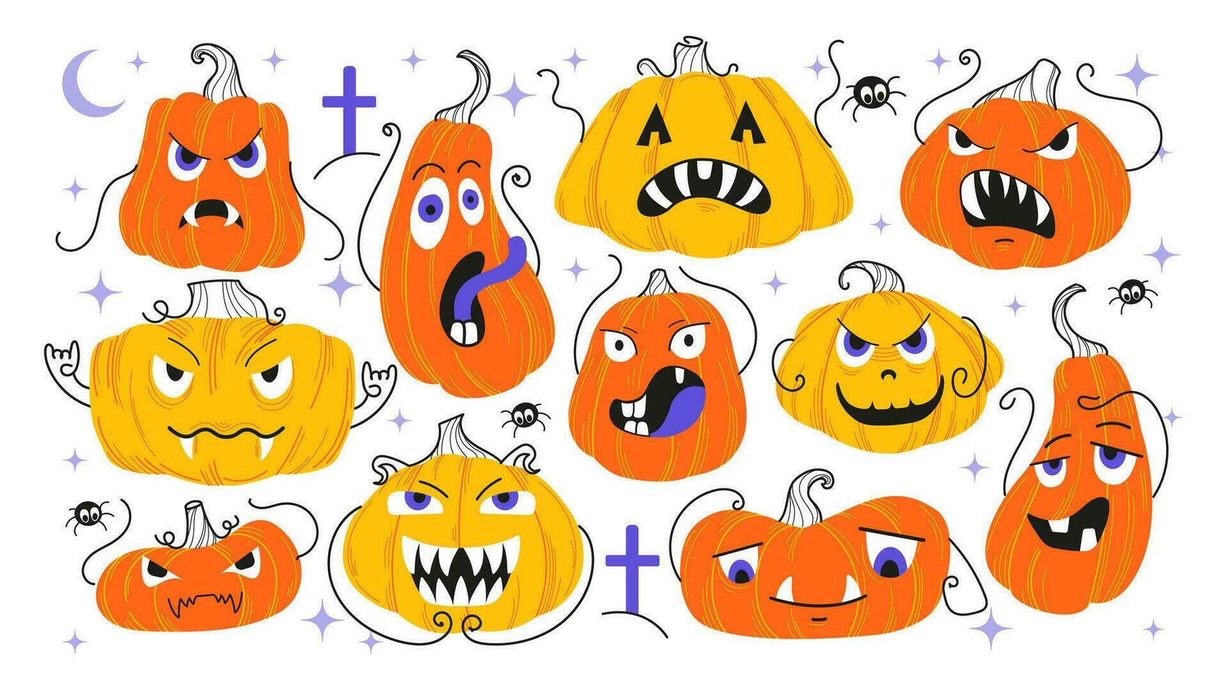 uppsättning pumpor för halloween. orange pumpa med leende för din design för de Semester halloween. söt och skrämmande ansikten. orange och färgad pumpor av annorlunda former. vektor platt illustration.